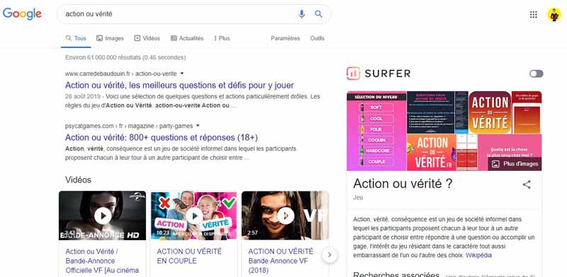 SERPs pour la requete action ou verite