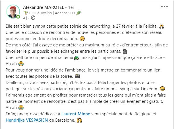 Publication LinkedIn apres la rencontre networking