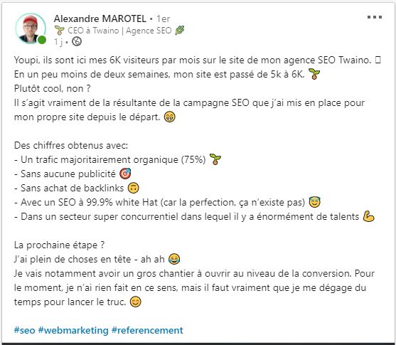 Publication de LinkedIn sur le passage de 5 000 a 6 000 de twaino