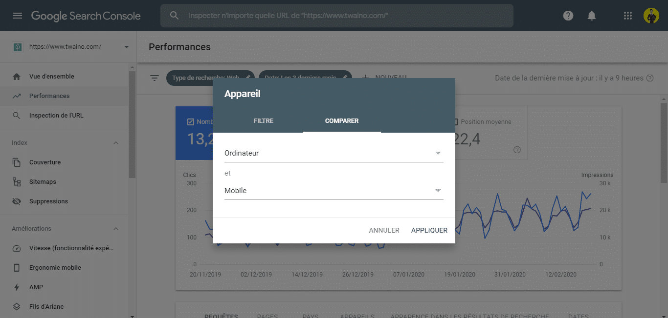 Comparer les donnees mobile et ordinateur dans la Search Console 1