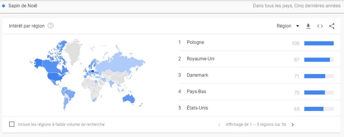 Repartition geographique de l interet de recherche de sapin de noel sur Google trends