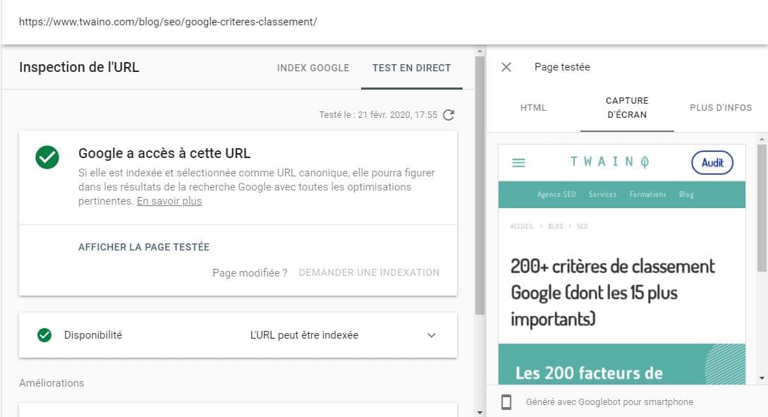 Apercu de l affichage d une page avec la Search Console