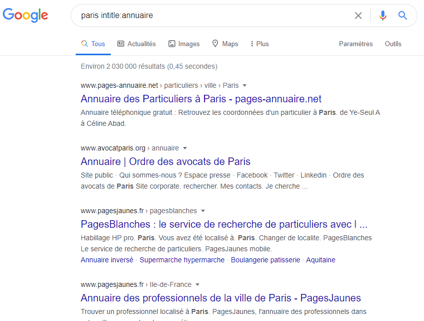 exemple de precision paris intitle annuaire local SEO