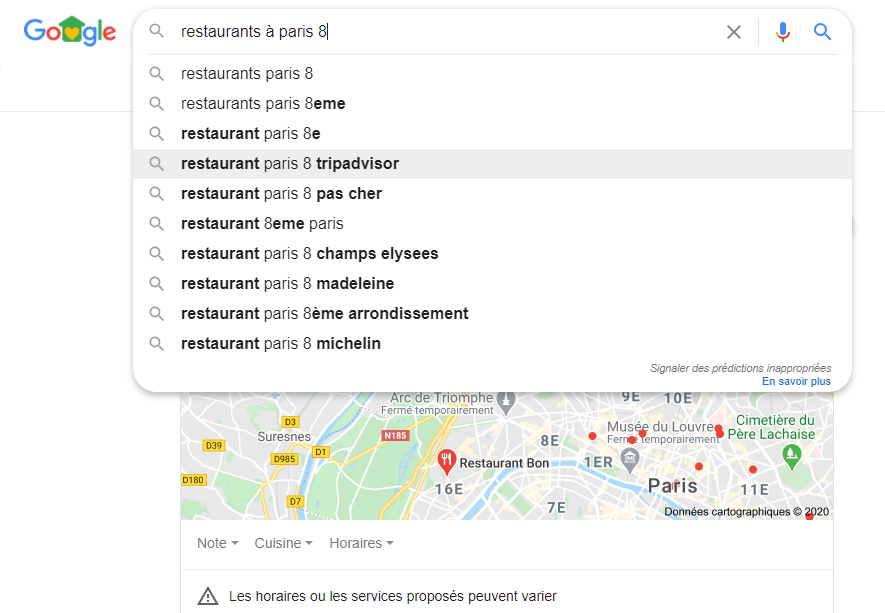 google autocomplete restaurant paris 8 local SEO