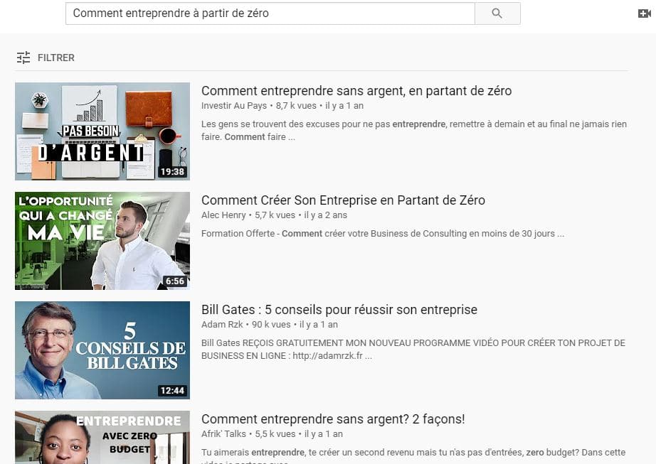 les resultats affiches lorsqu on entre comme recherche Comment entreprendre a partir de zero