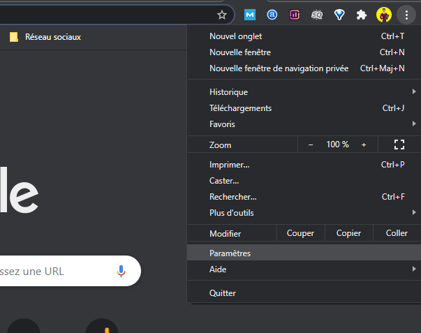 Chrome menu represente par les trois barres horizontales situees a droite du champ d adresse