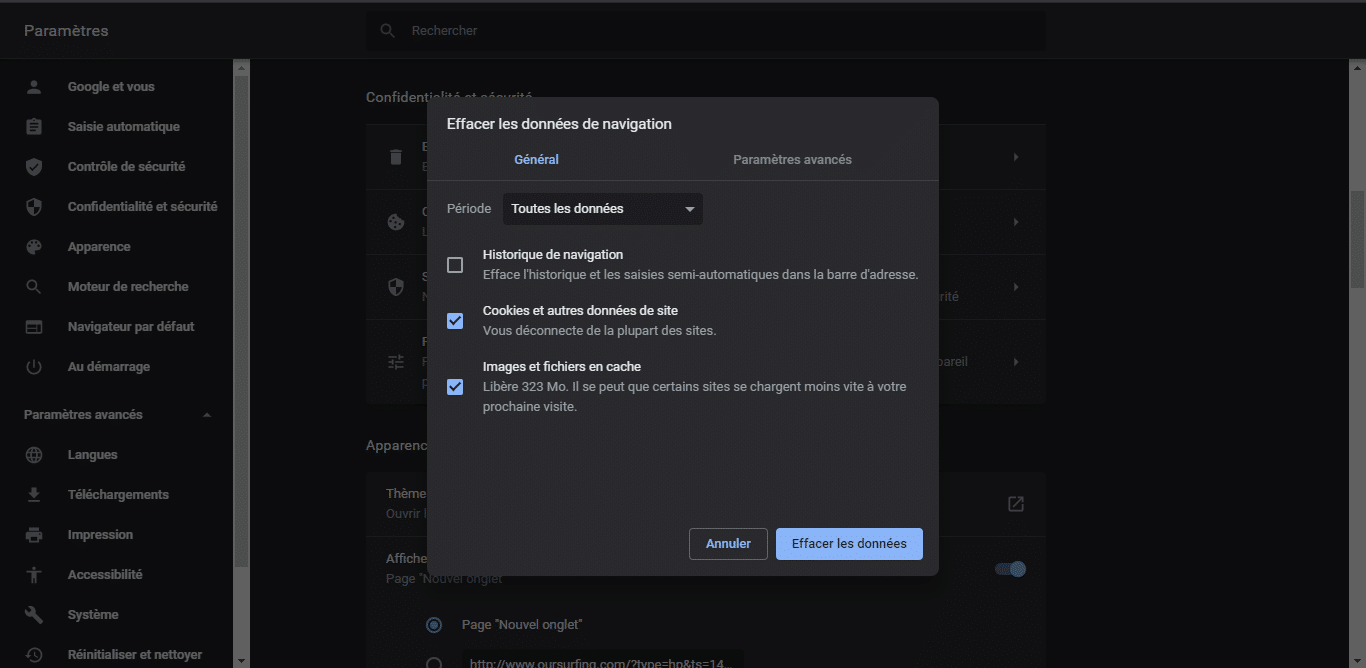 Chrome bouton effacer les donnees de navigation