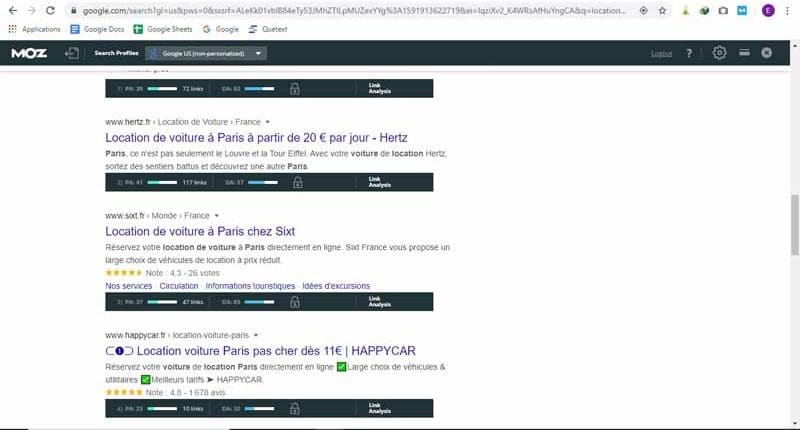 MozBar permet de comparer l autorité PA et DA des pages lorsqu on consulte les resultats d une requete sur un moteur de recherche