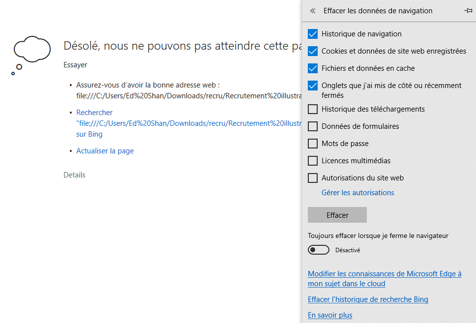 Microsoft Edge effacer cache et cookies