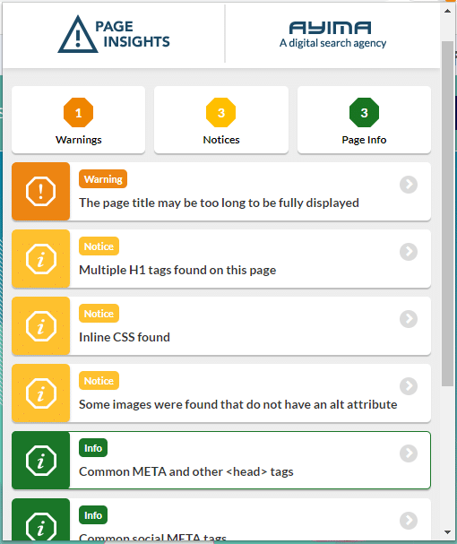 Ayima Page Insights est une extension affichant trois types de notification apres scan de la page chargee
