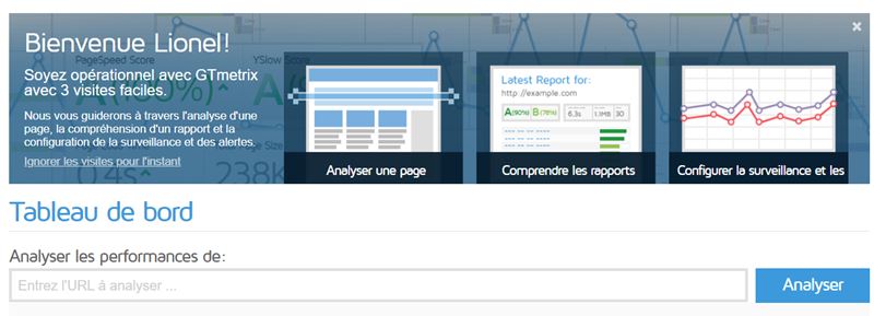 le message de bienvenu de GTmetrix‌
