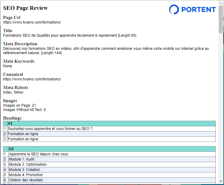 SEO Page Review est une extension par Portent qui donne les infomations importantes d une page