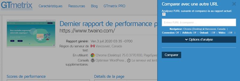 comparaison des‌ ‌adresses‌ ‌URL par GTmetrix