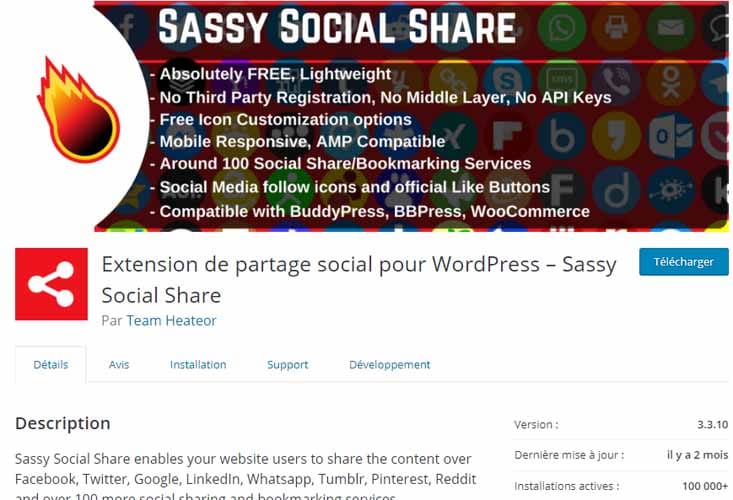 Installer le plugin Sassy Social Share pour ajouter les boutons de partage des reseaux sociaux