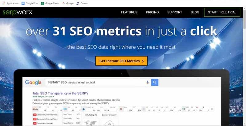 SerpWorx extension Google Chrome qui combine les meilleurs outils de referencement pour fournir des mesures SEO