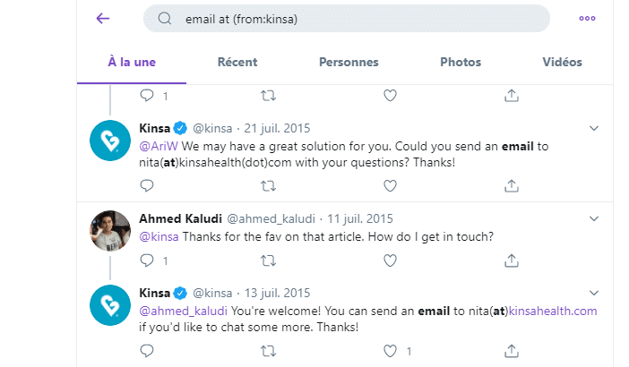 Recherche avec le mot at pour trouver une adresse email sur Twitter