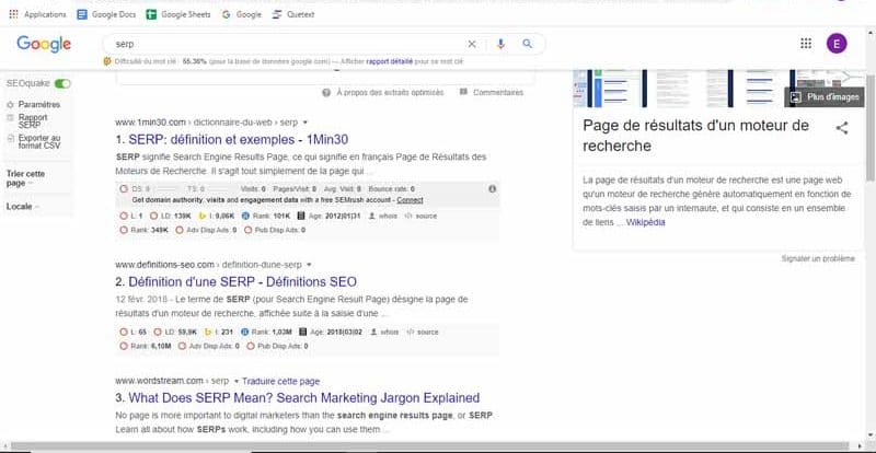 SEOQuaque identifie plusieurs metriques sur chacune des pages du serp