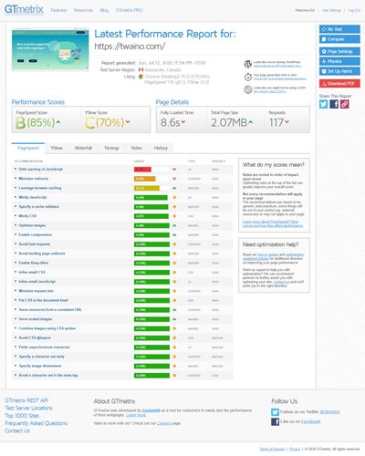 GTmetrix presente les elements de problemes et de consignes pour ameliorer les performances des sites web apres analyse