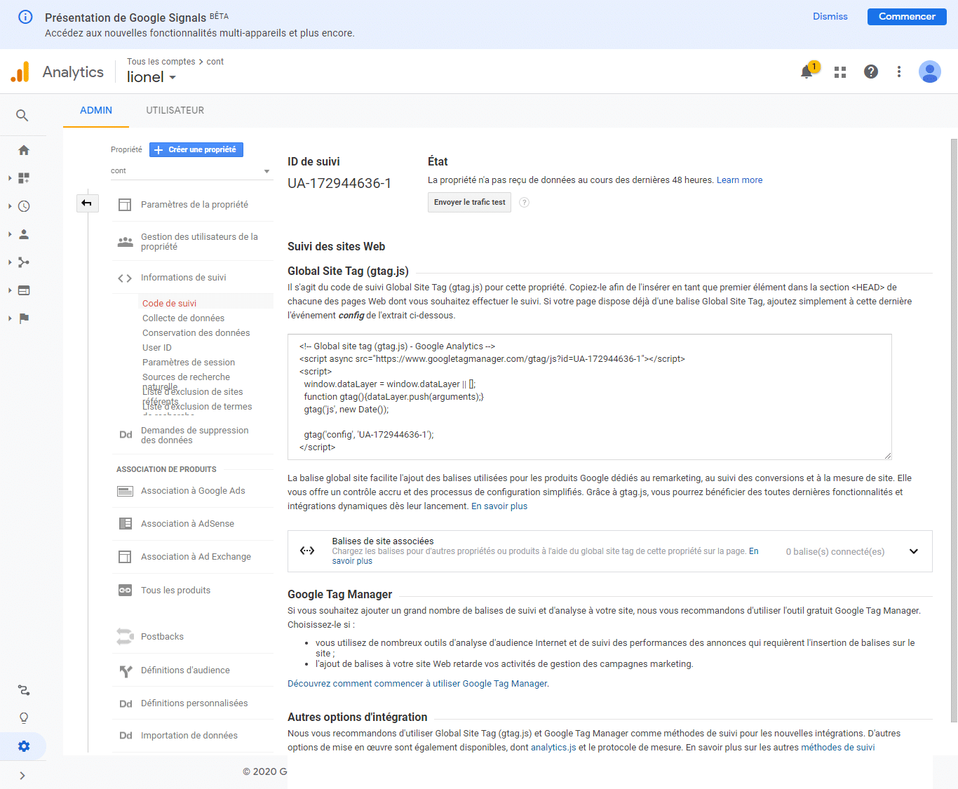 l onglet information de suivi et code de suivi