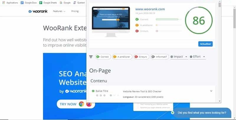 Audit SEO et analyse de site web est un outil de woorank qui fournit un rapport SEO detaille