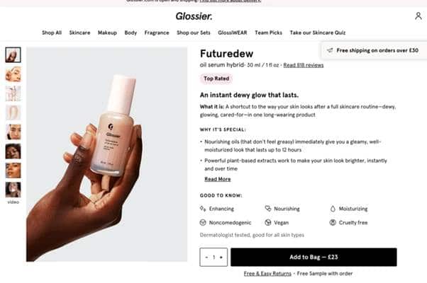 Les fiches produits de la marque Glossier