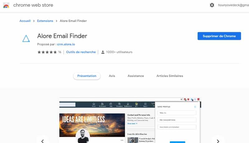 Alore Email Finder une extension permettant de chercher des prospects sur LinkedIn Twitter et AngelList