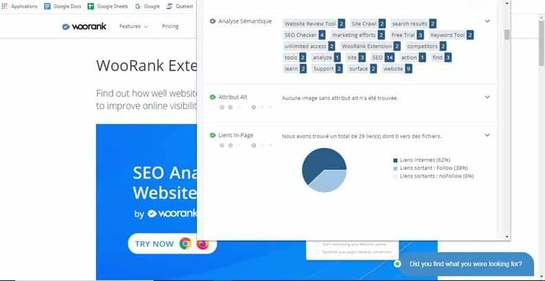 Audit SEO et analyse de site web ouvre un popup avec des donnees On Page et Off Page