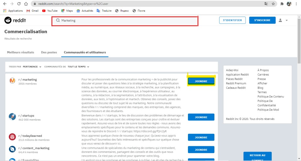 La recherche des subreddits