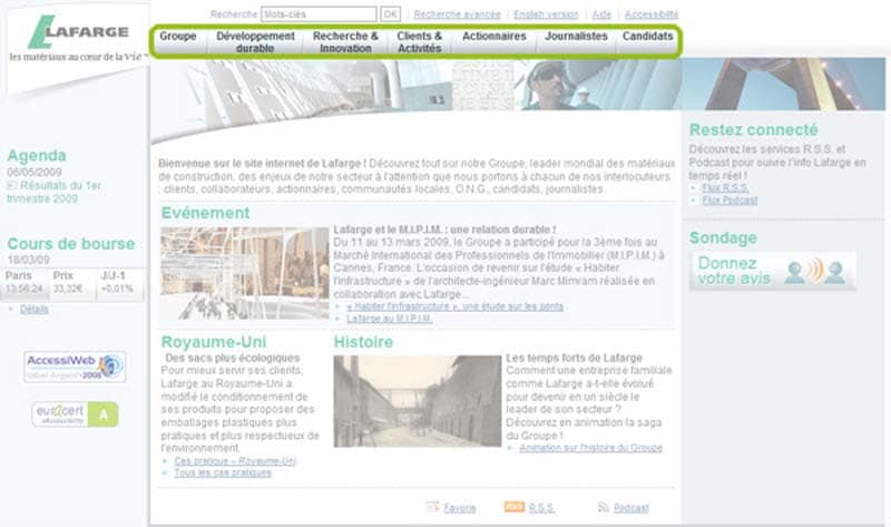 Page d accueil de Lafarge en Mars 2009