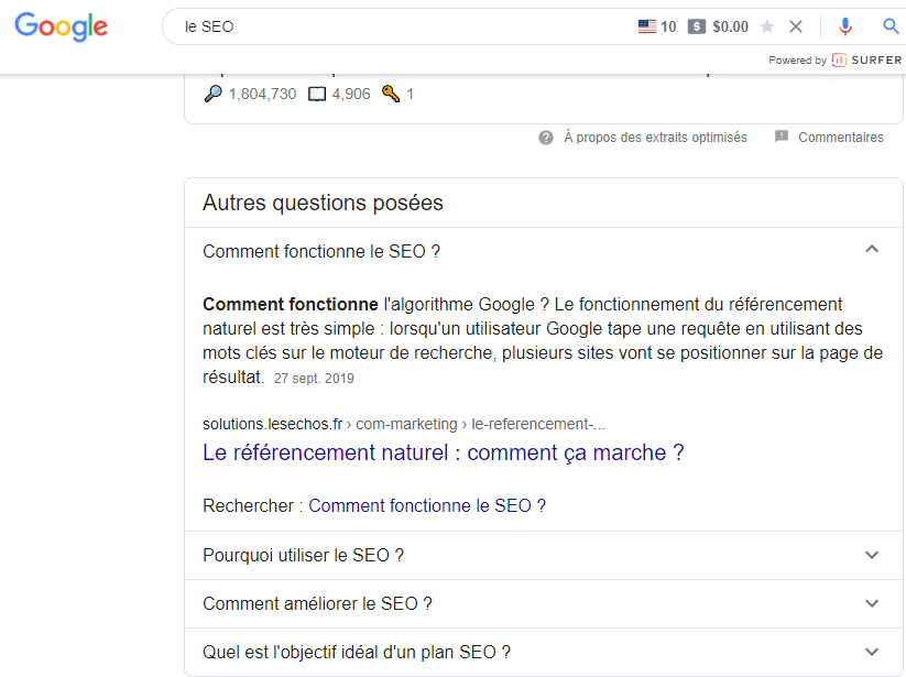 Questions suggerees par Google dans les resultats de recherches