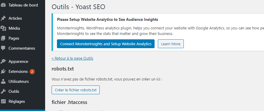 La nouvelle fentre outils Yoast SEO