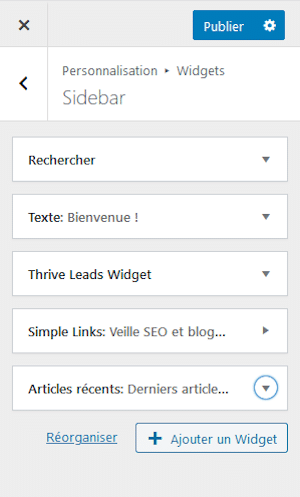 Sidebar dans l'outil de personnalisation