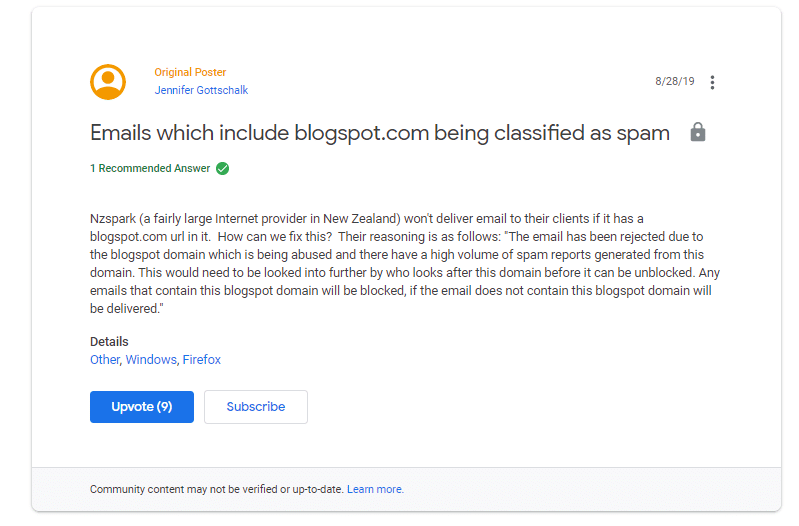 le blogspot est classe comme spam