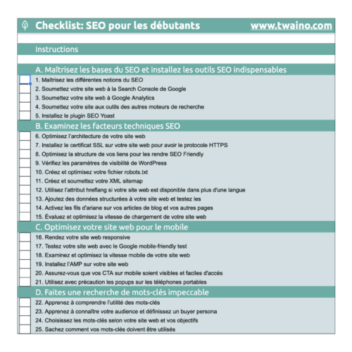 Checklist SEO pour les débutants