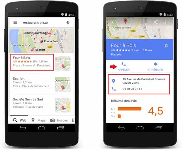 Capture d'écran de recherche restaurant avec géolocalisation et avis utilisateurs