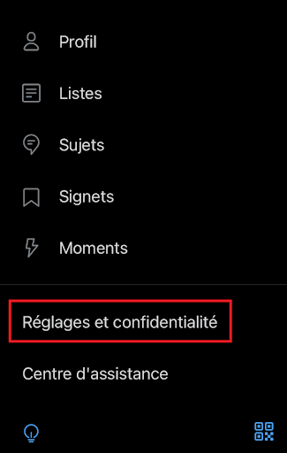 Menu Reglages et confifentialite