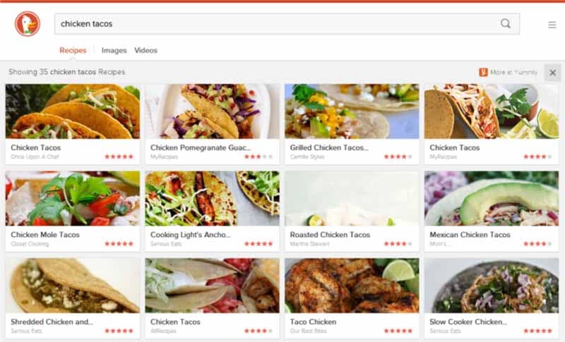 Capture d'écran de résultats de recherche culinaire avec photos de plats variés