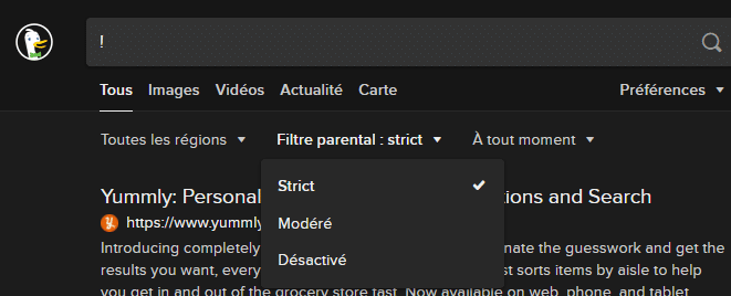 Capture d'écran interface DuckDuckGo avec filtres recherche et résultats