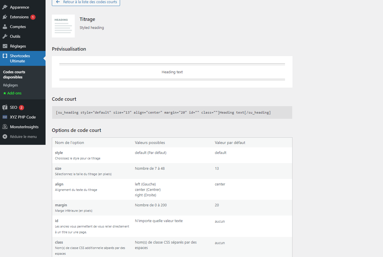 Selection d un shortcode