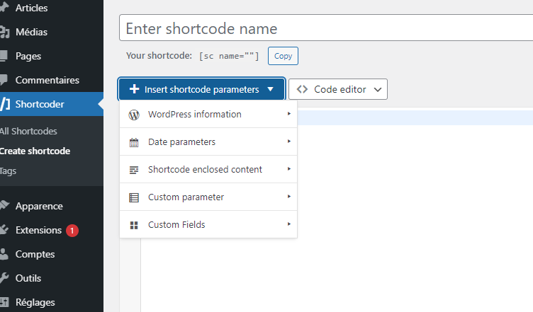 Insert shortcode parameters