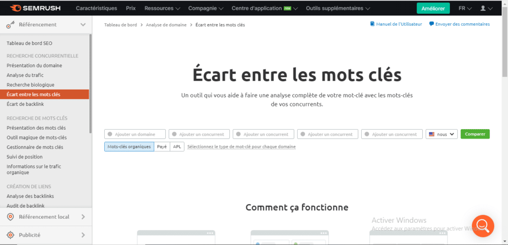 Semrush Ecart entre les mots cles