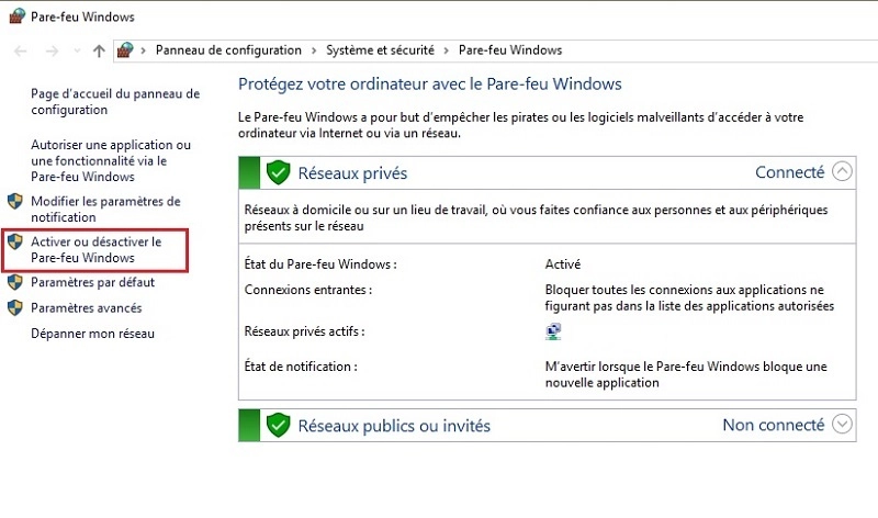 Parametres de pare-feu windows