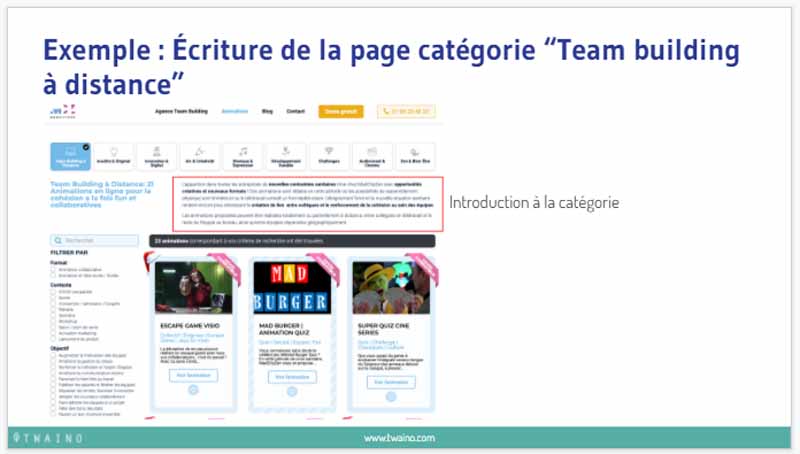 Exemple Ecriture de la categorie Team building a distance