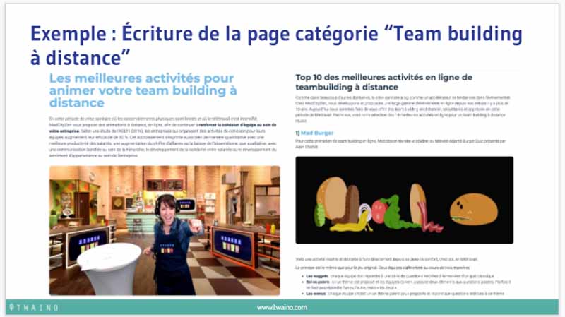 Exemple Ecriture de la categorie Team building a distance