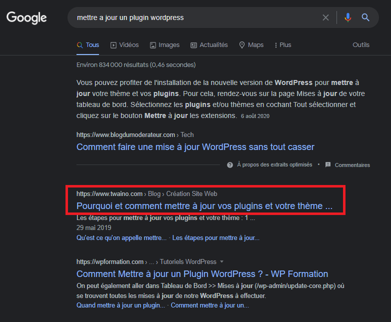 Requete Google mettre a jour un plugin wordpress