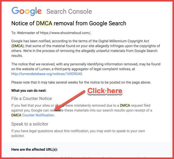 Notice of DMCA removal from Google Search