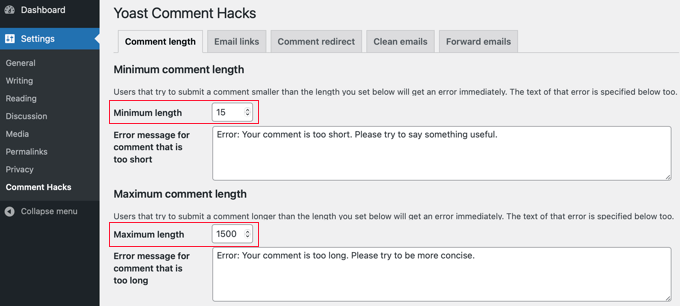 Reglage longueur minimale et maximale pour les commentaires