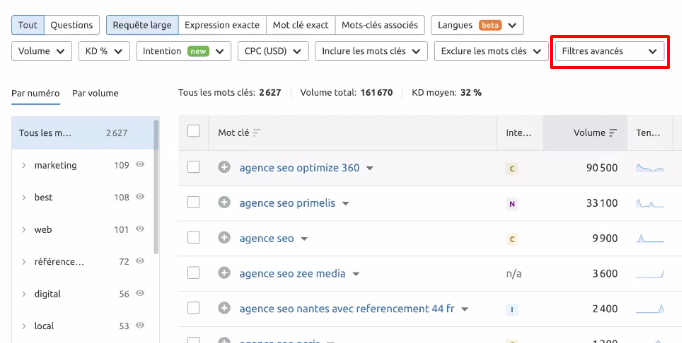 Keyword Magic Tool Filtre avances