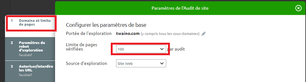 Parametres de l audit de site limite de pages