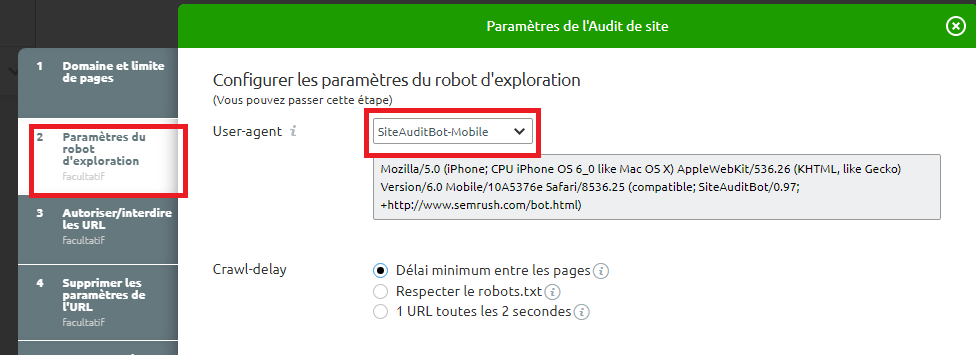  Parametres de l audit de site user agent